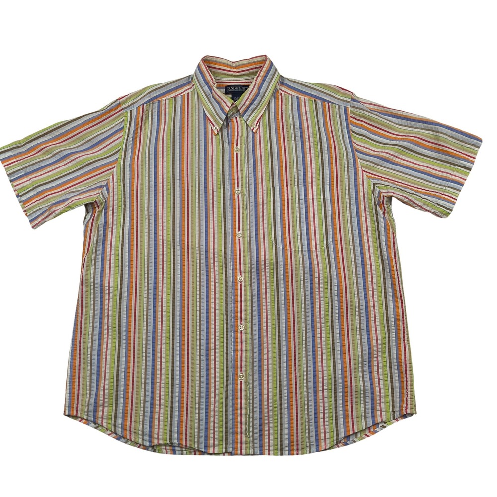 Lands End Mens Large Seersucker Button Down Shirt Multicolor Rainbow Stripe SS
